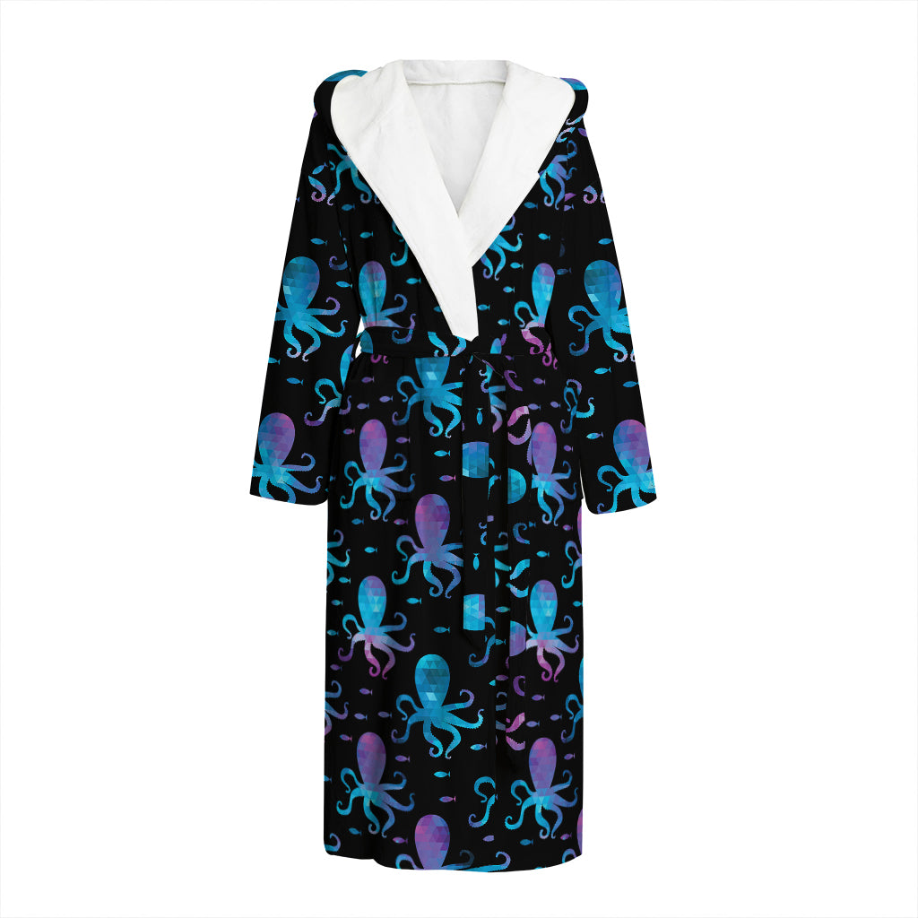 Purple And Teal Octopus Pattern Print Hooded Bathrobe