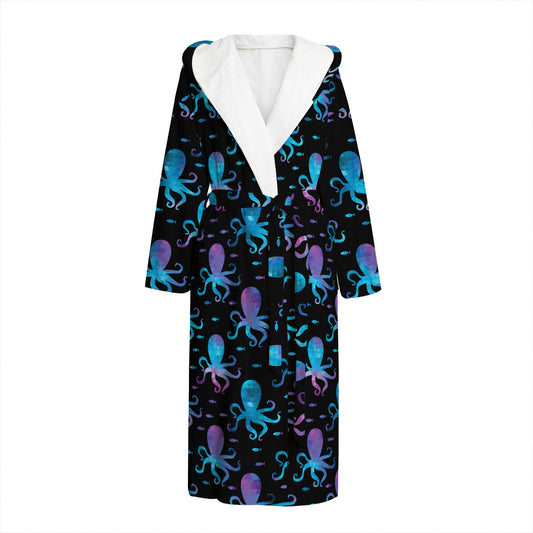 Purple And Teal Octopus Pattern Print Hooded Bathrobe