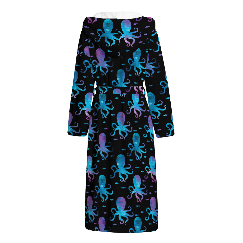 Purple And Teal Octopus Pattern Print Hooded Bathrobe