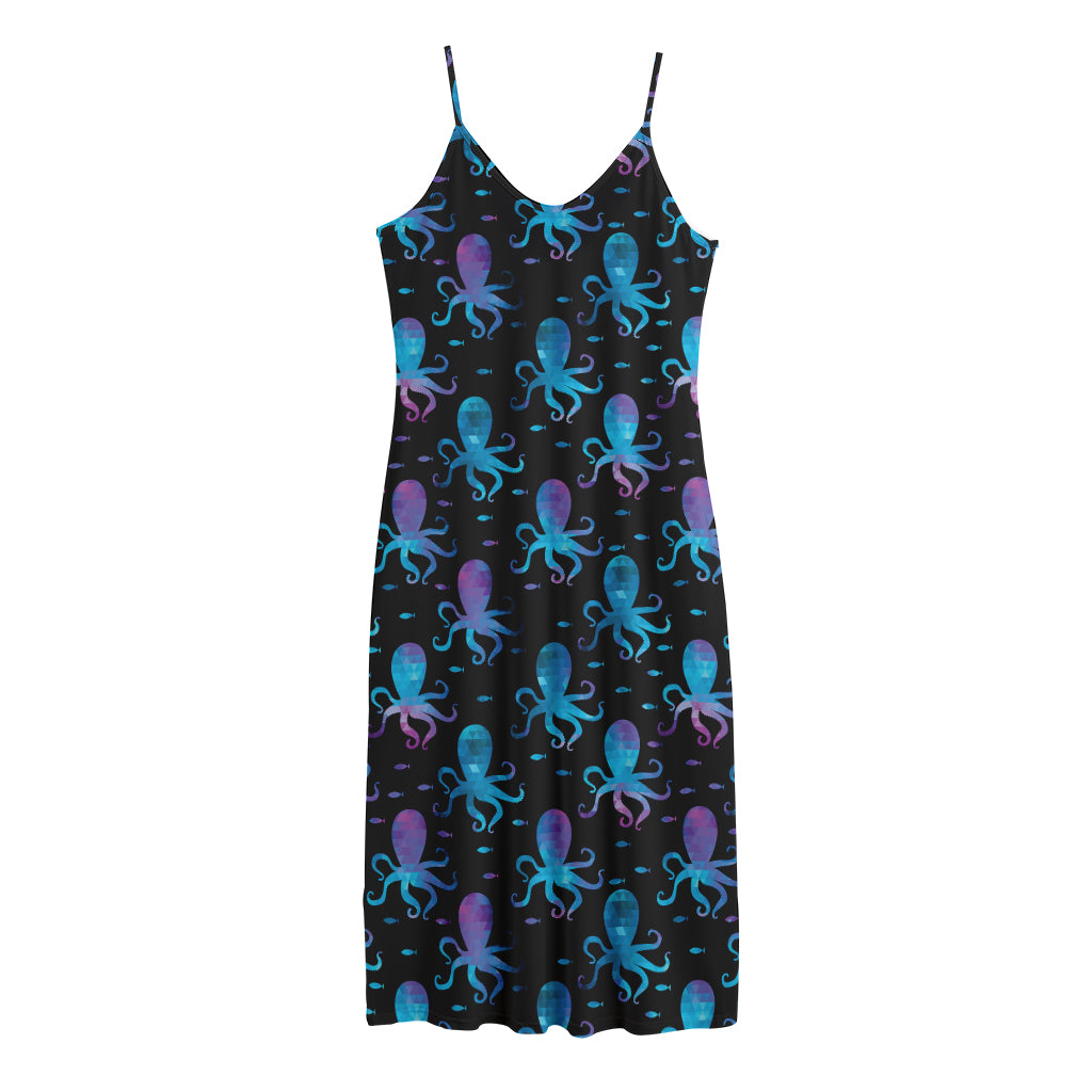 Purple And Teal Octopus Pattern Print Jersey Midi Cami Dress