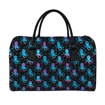 Purple And Teal Octopus Pattern Print Leather Duffle Bag