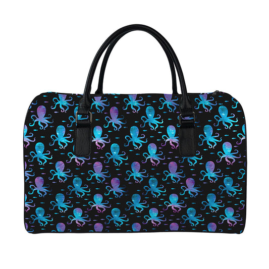 Purple And Teal Octopus Pattern Print Leather Duffle Bag
