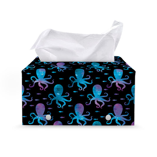 Purple And Teal Octopus Pattern Print Leather Tissue Box Cover