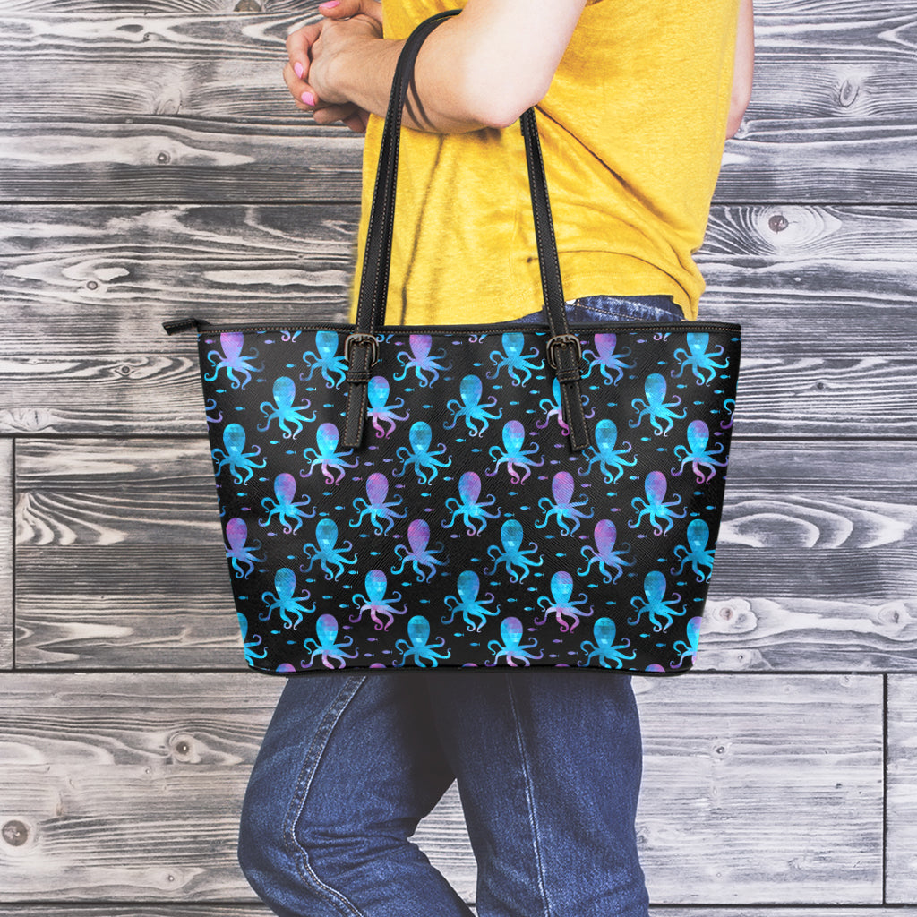 Purple And Teal Octopus Pattern Print Leather Tote Bag