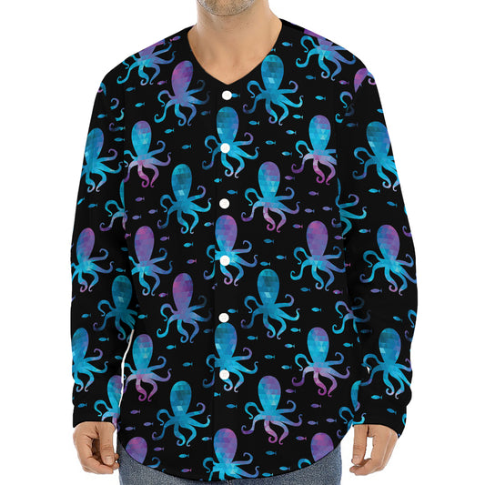 Purple And Teal Octopus Pattern Print Long Sleeve Baseball Jersey
