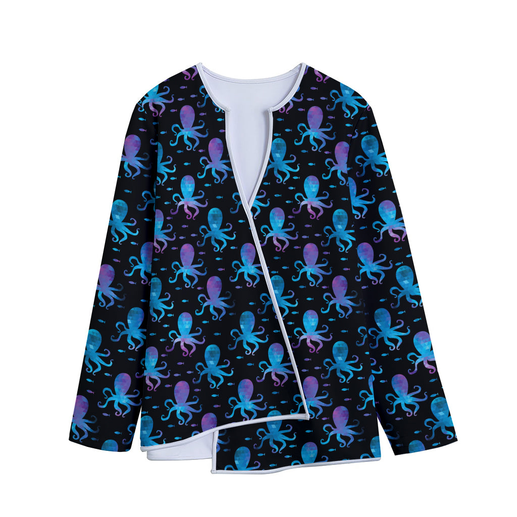 Purple And Teal Octopus Pattern Print Long Sleeve Short Coat