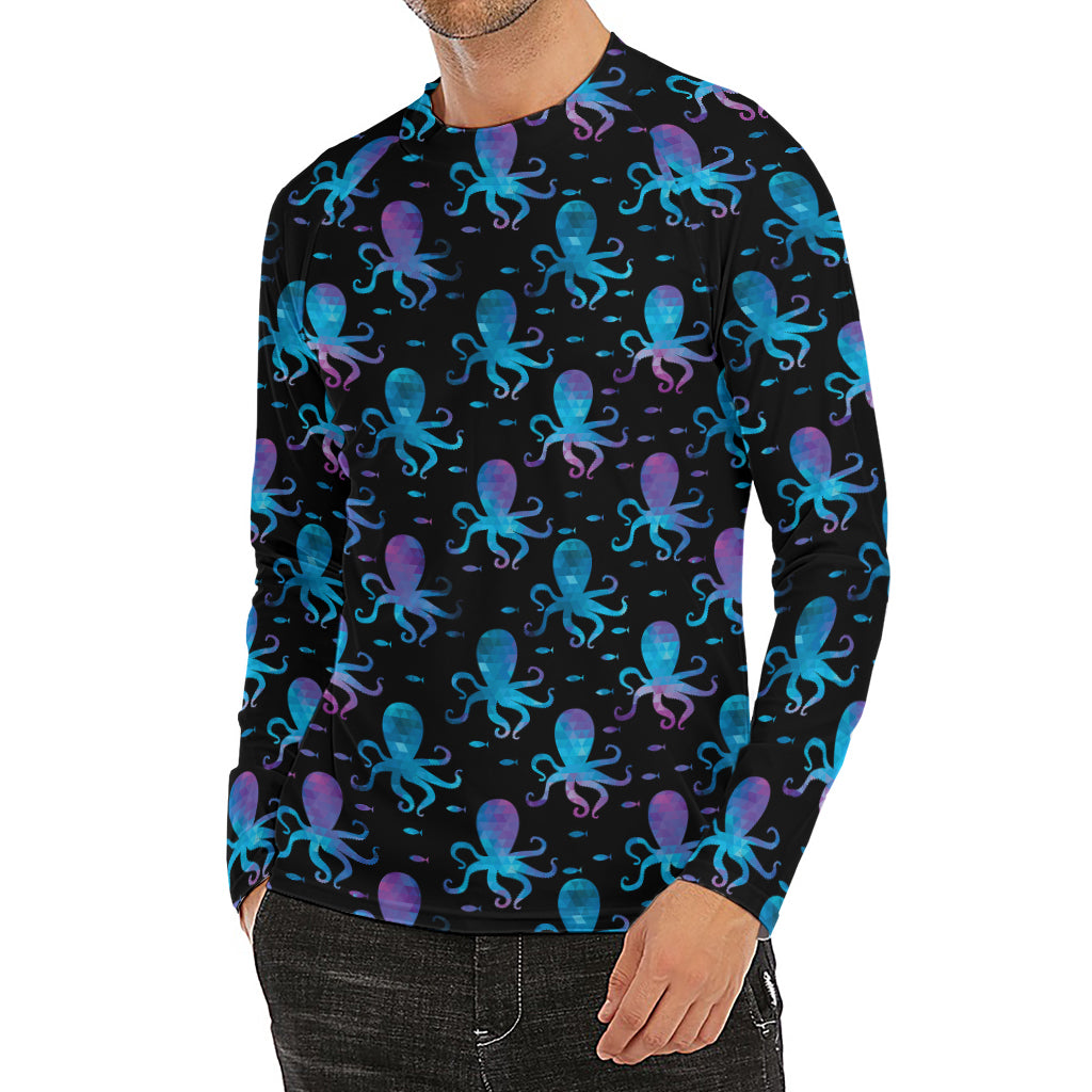Purple And Teal Octopus Pattern Print Men's Long Sleeve Rash Guard