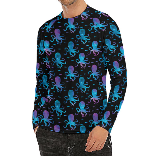 Purple And Teal Octopus Pattern Print Men's Long Sleeve Rash Guard