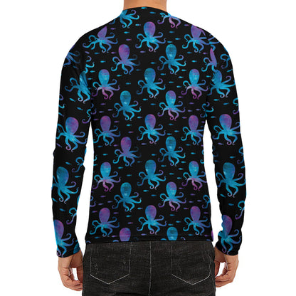 Purple And Teal Octopus Pattern Print Men's Long Sleeve Rash Guard