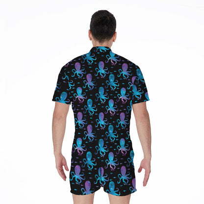 Purple And Teal Octopus Pattern Print Men's Rompers