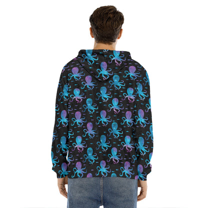 Purple And Teal Octopus Pattern Print Men's Velvet Pullover Hoodie
