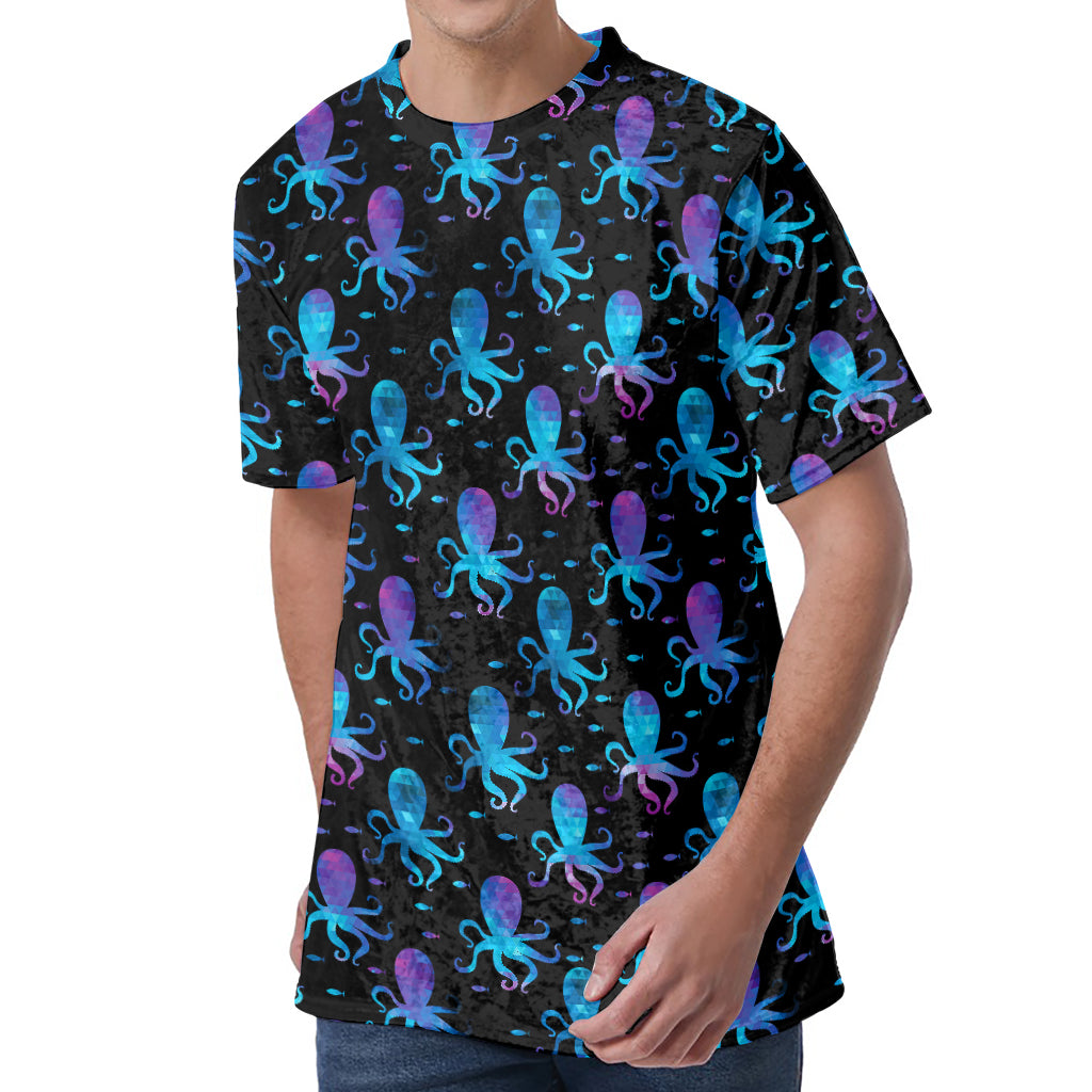 Purple And Teal Octopus Pattern Print Men's Velvet T-Shirt