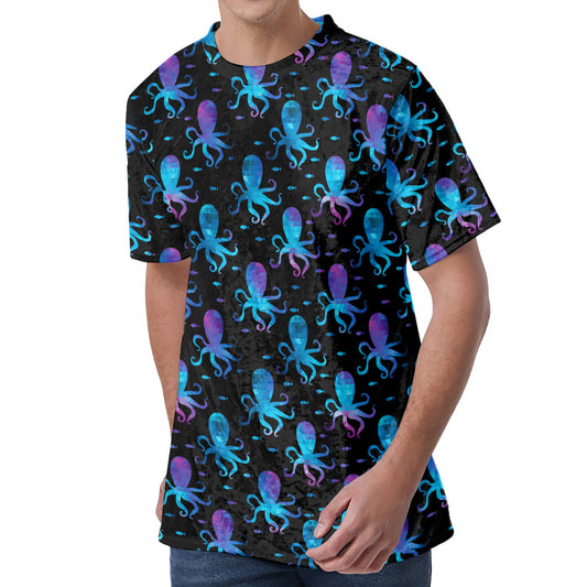 Purple And Teal Octopus Pattern Print Men's Velvet T-Shirt