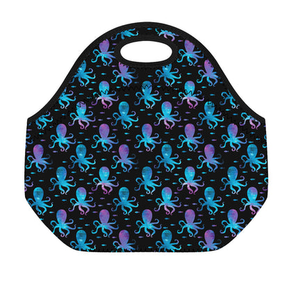 Purple And Teal Octopus Pattern Print Neoprene Lunch Bag