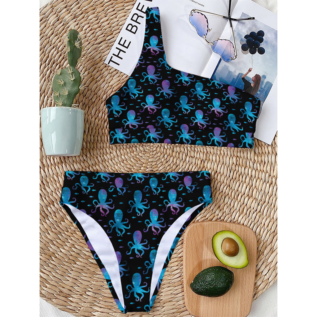 Purple And Teal Octopus Pattern Print One Shoulder Bikini Top