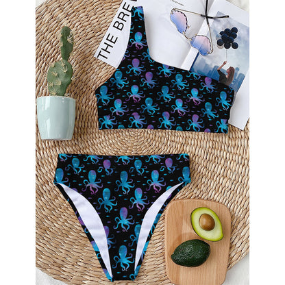 Purple And Teal Octopus Pattern Print One Shoulder Bikini Top