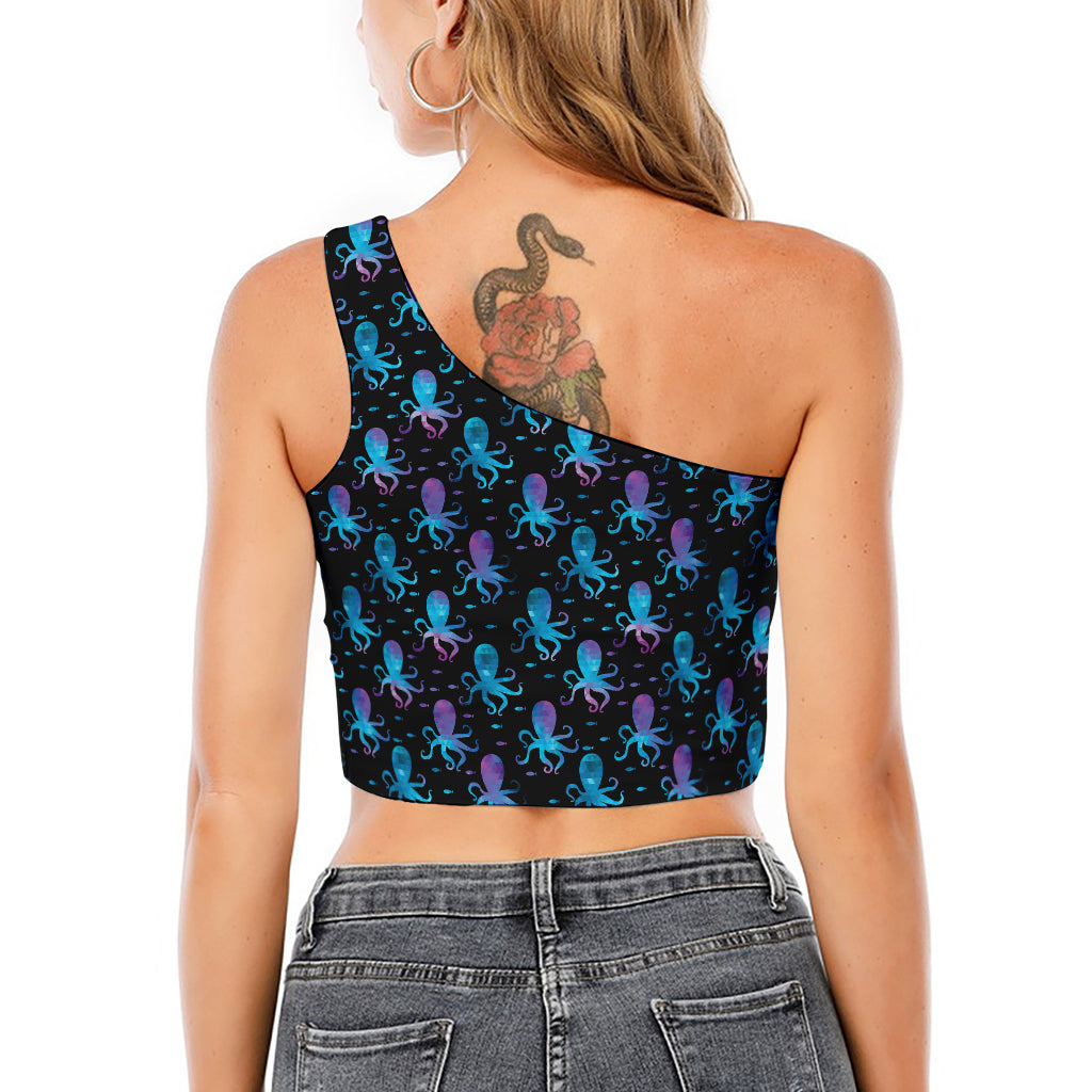 Purple And Teal Octopus Pattern Print One Shoulder Crop Top