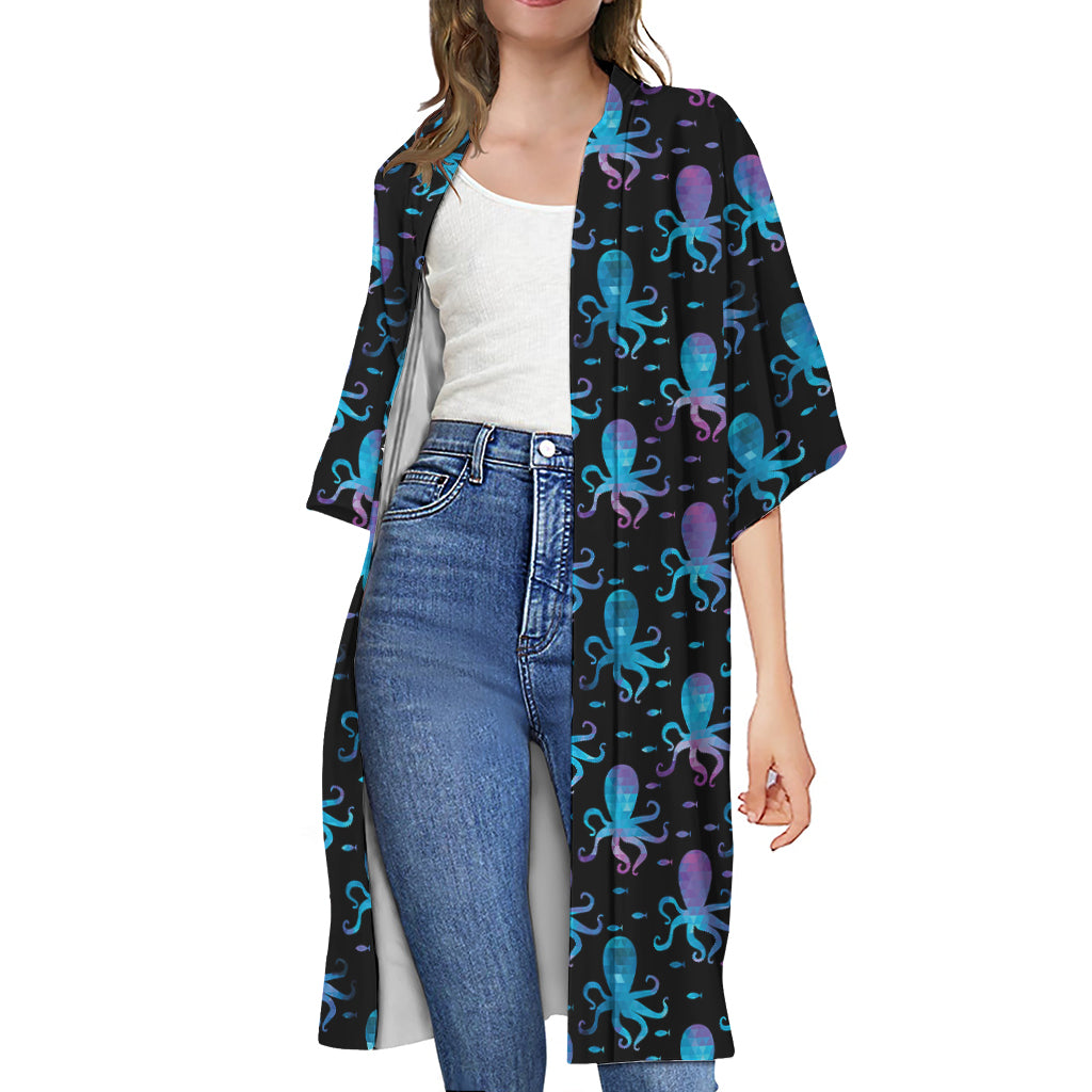 Purple And Teal Octopus Pattern Print Open Front Beach Cover Up
