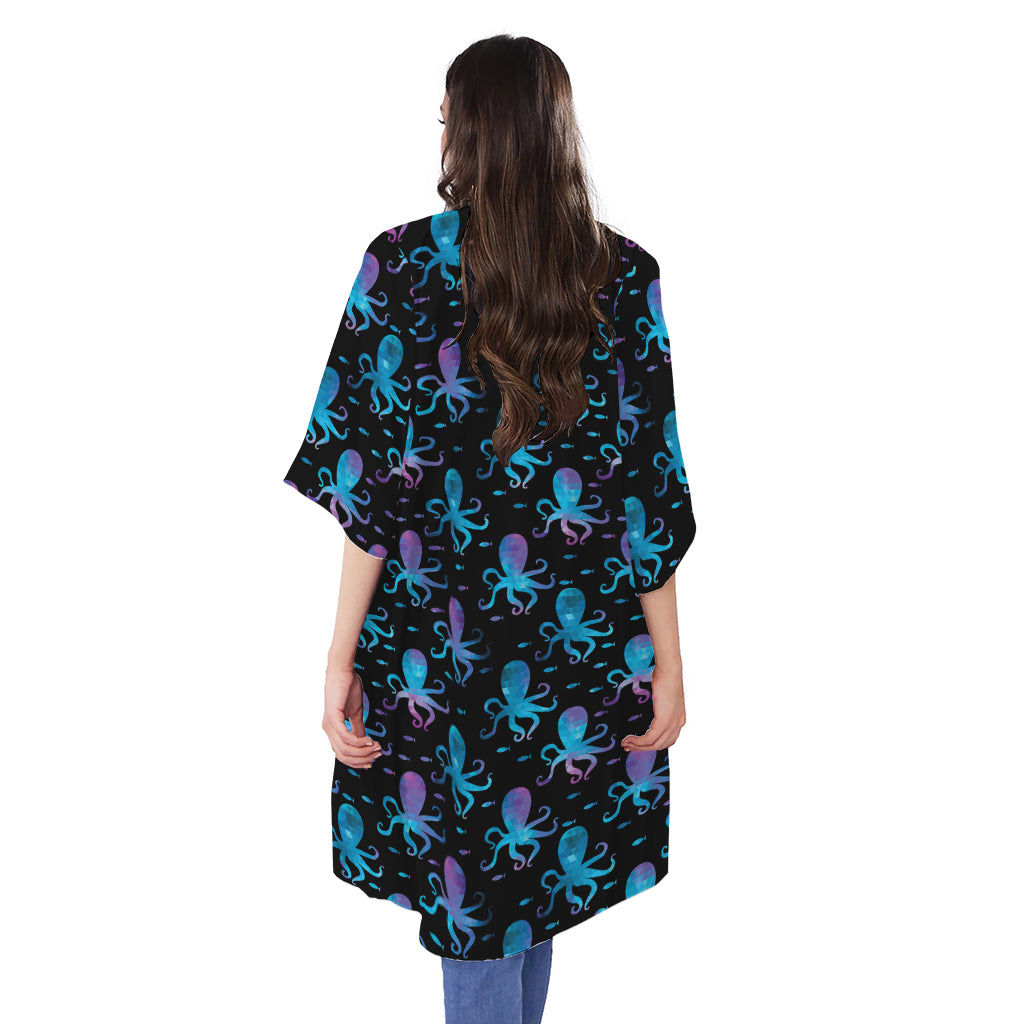 Purple And Teal Octopus Pattern Print Open Front Beach Cover Up