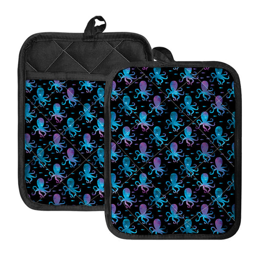 Purple And Teal Octopus Pattern Print Pot Holders With Pocket