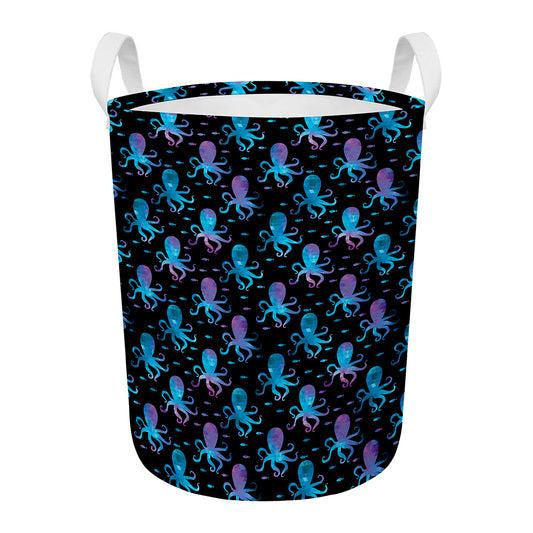 Purple And Teal Octopus Pattern Print Round Laundry Basket