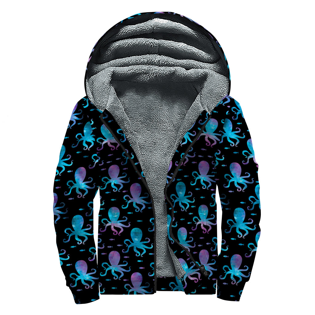 Purple And Teal Octopus Pattern Print Sherpa Lined Zip Up Hoodie