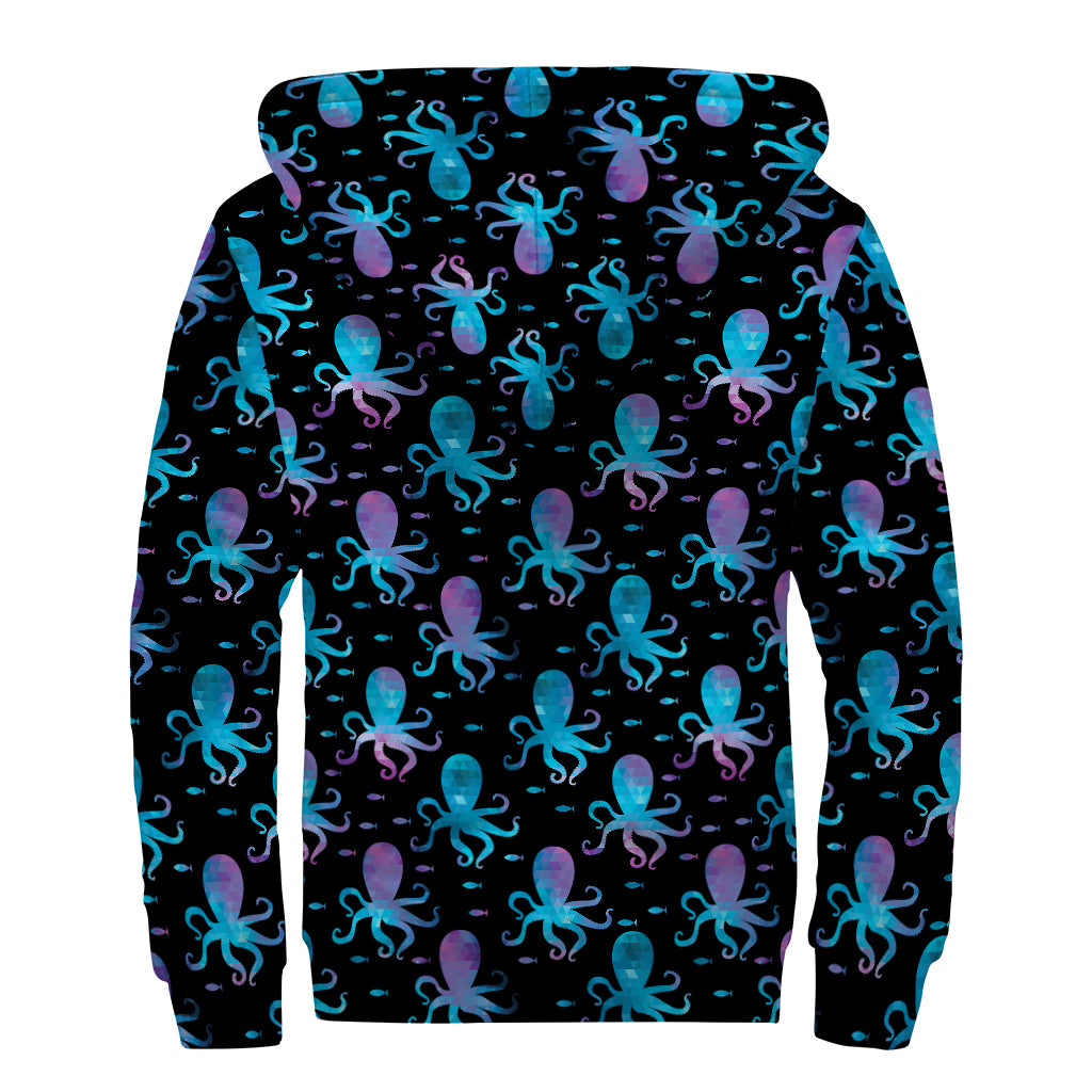 Purple And Teal Octopus Pattern Print Sherpa Lined Zip Up Hoodie