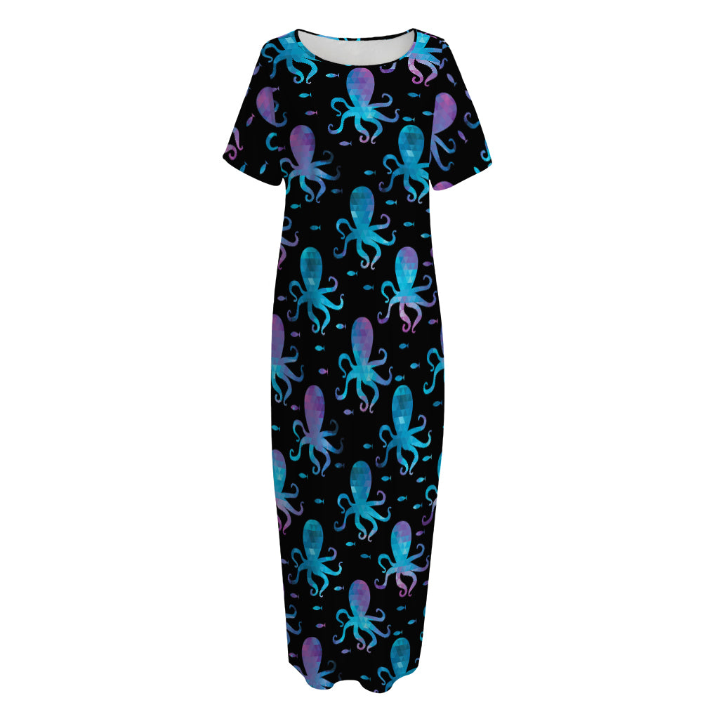 Purple And Teal Octopus Pattern Print Short Sleeve Long Nightdress
