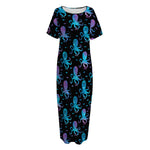 Purple And Teal Octopus Pattern Print Short Sleeve Long Nightdress