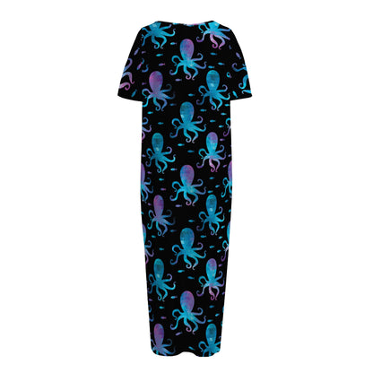 Purple And Teal Octopus Pattern Print Short Sleeve Long Nightdress
