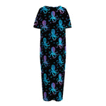 Purple And Teal Octopus Pattern Print Short Sleeve Long Nightdress