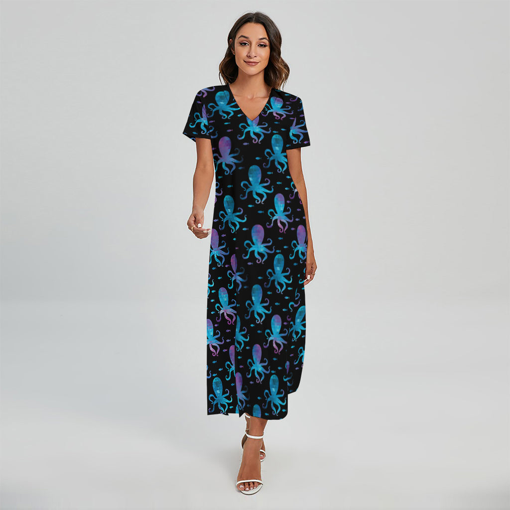 Purple And Teal Octopus Pattern Print Short Sleeve Maxi Dress