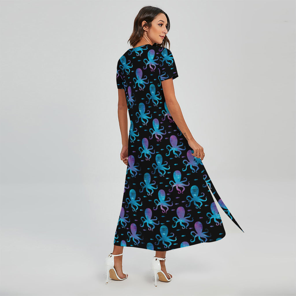 Purple And Teal Octopus Pattern Print Short Sleeve Maxi Dress