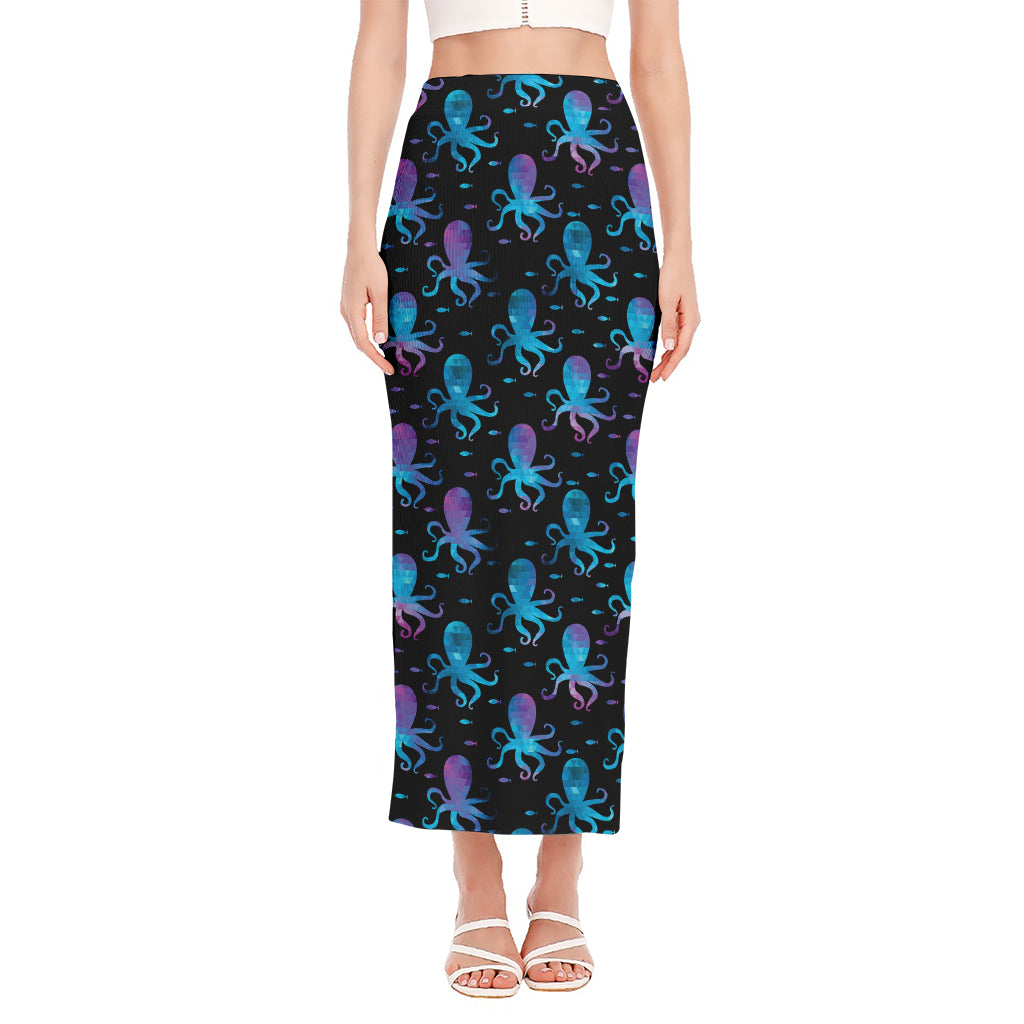 Purple And Teal Octopus Pattern Print Side Slit Maxi Skirt
