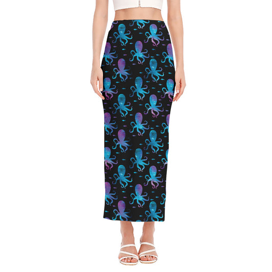 Purple And Teal Octopus Pattern Print Side Slit Maxi Skirt