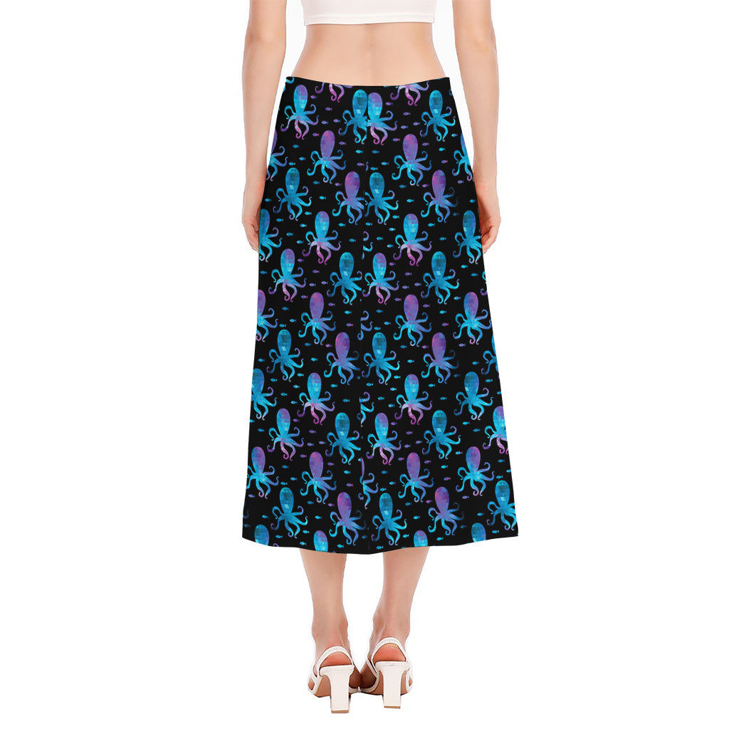 Purple And Teal Octopus Pattern Print Side Slit Midi Skirt