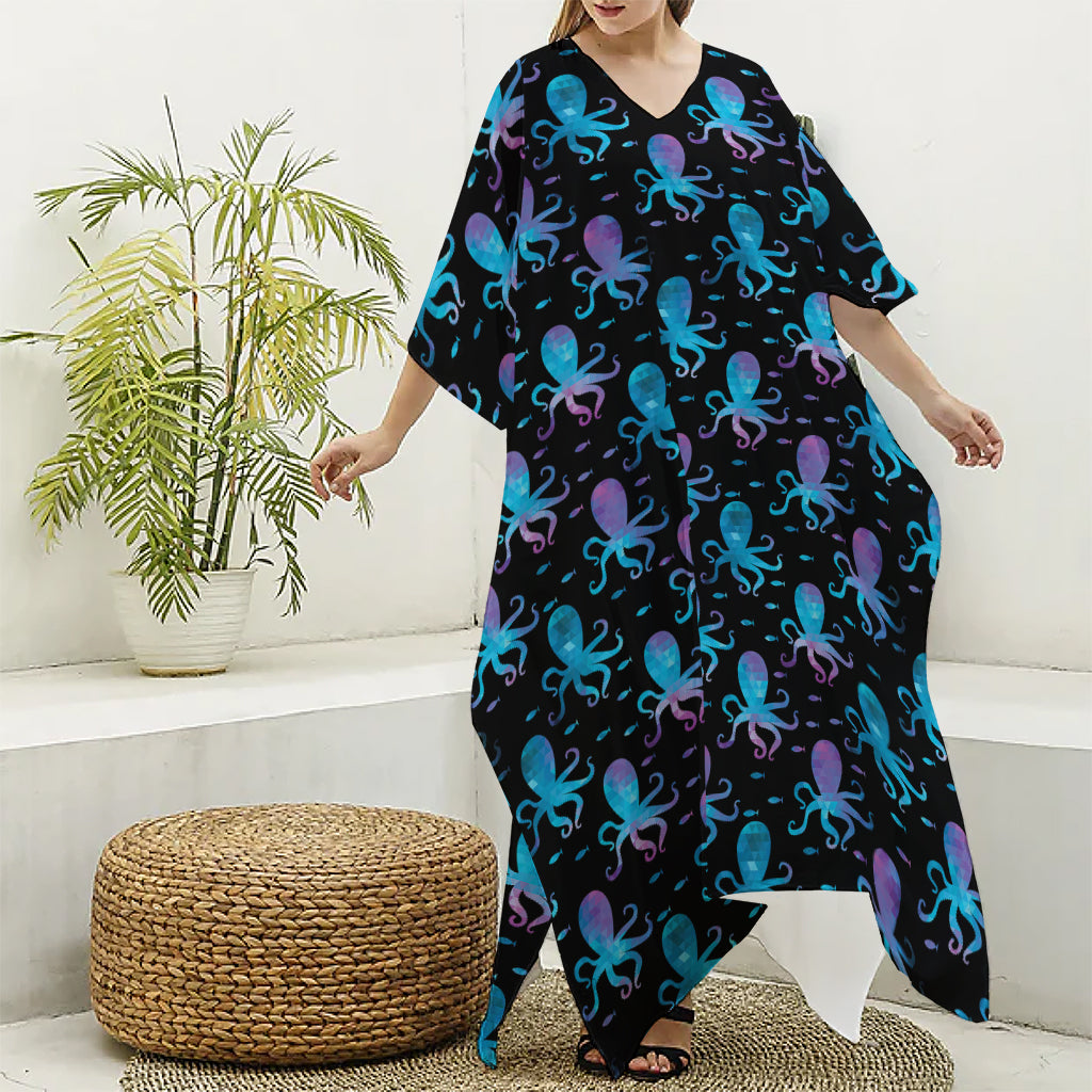 Purple And Teal Octopus Pattern Print Silk V-Neck Kaftan Dress