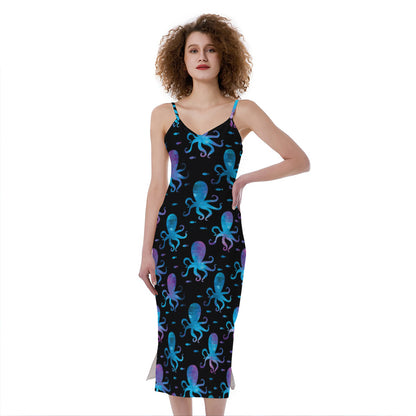 Purple And Teal Octopus Pattern Print Slim Fit Midi Cami Dress
