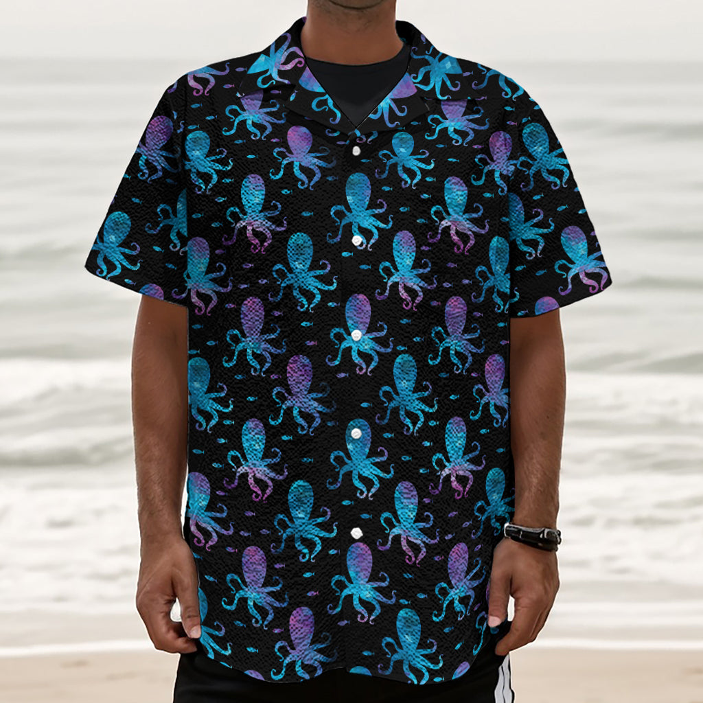 Purple And Teal Octopus Pattern Print Textured Short Sleeve Shirt