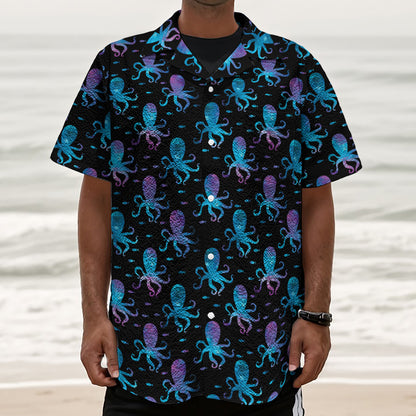 Purple And Teal Octopus Pattern Print Textured Short Sleeve Shirt