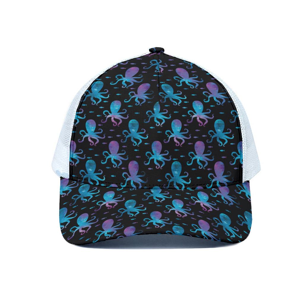 Purple And Teal Octopus Pattern Print White Mesh Trucker Cap