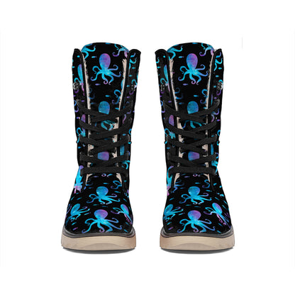 Purple And Teal Octopus Pattern Print Winter Boots