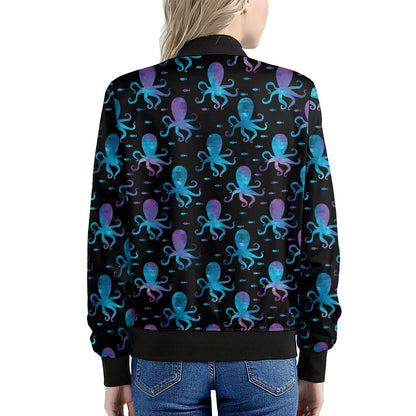 Purple And Teal Octopus Pattern Print Women's Bomber Jacket