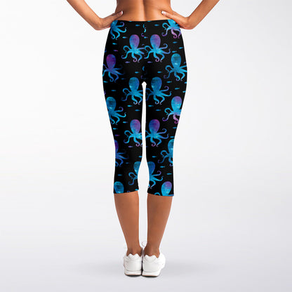 Purple And Teal Octopus Pattern Print Women's Capri Leggings