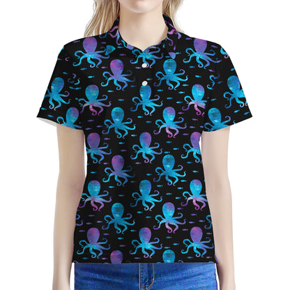 Purple And Teal Octopus Pattern Print Women's Polo Shirt