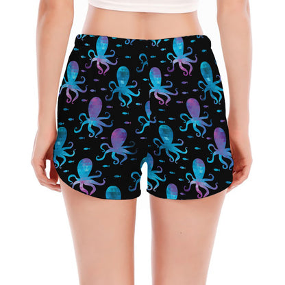 Purple And Teal Octopus Pattern Print Women's Split Running Shorts