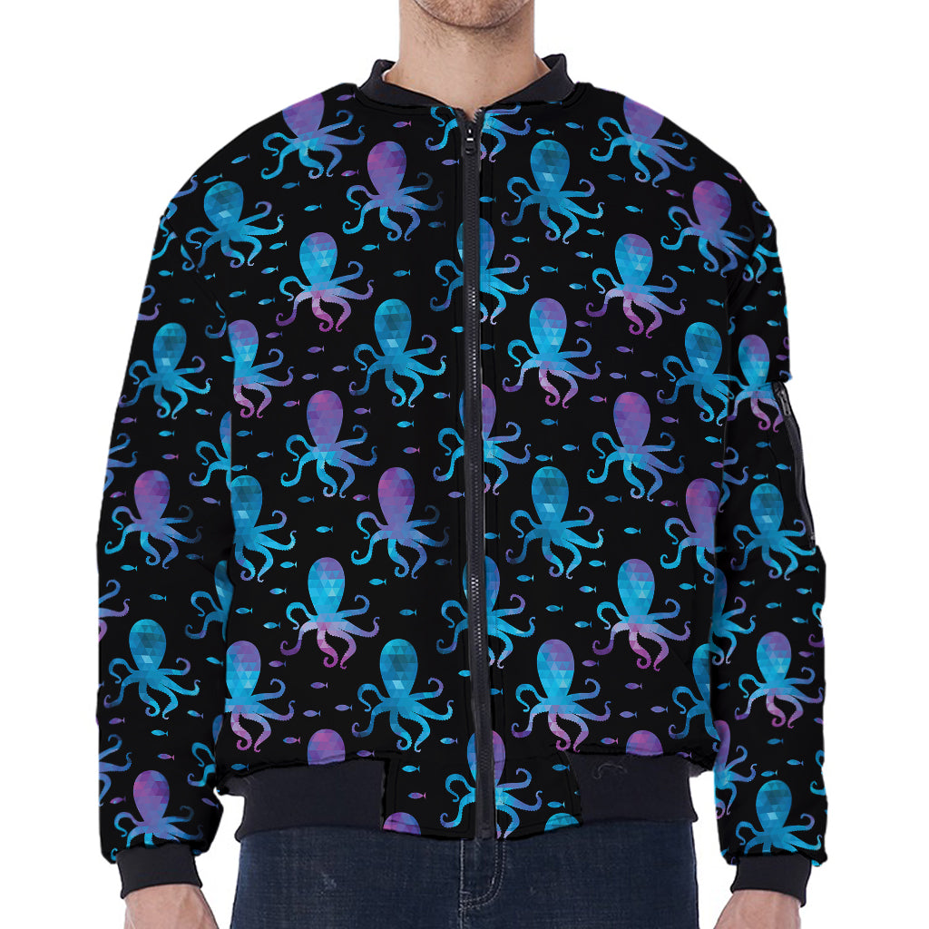 Purple And Teal Octopus Pattern Print Zip Sleeve Bomber Jacket