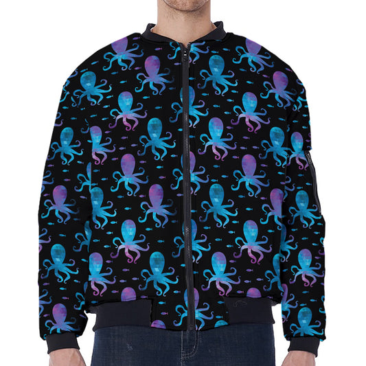 Purple And Teal Octopus Pattern Print Zip Sleeve Bomber Jacket