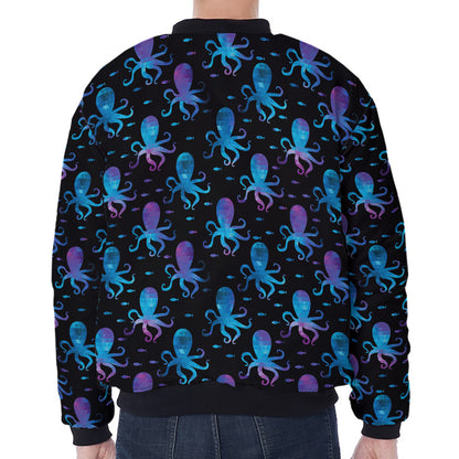 Purple And Teal Octopus Pattern Print Zip Sleeve Bomber Jacket