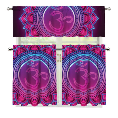 Purple And Teal Om Mandala Print 3 Piece Kitchen Curtains